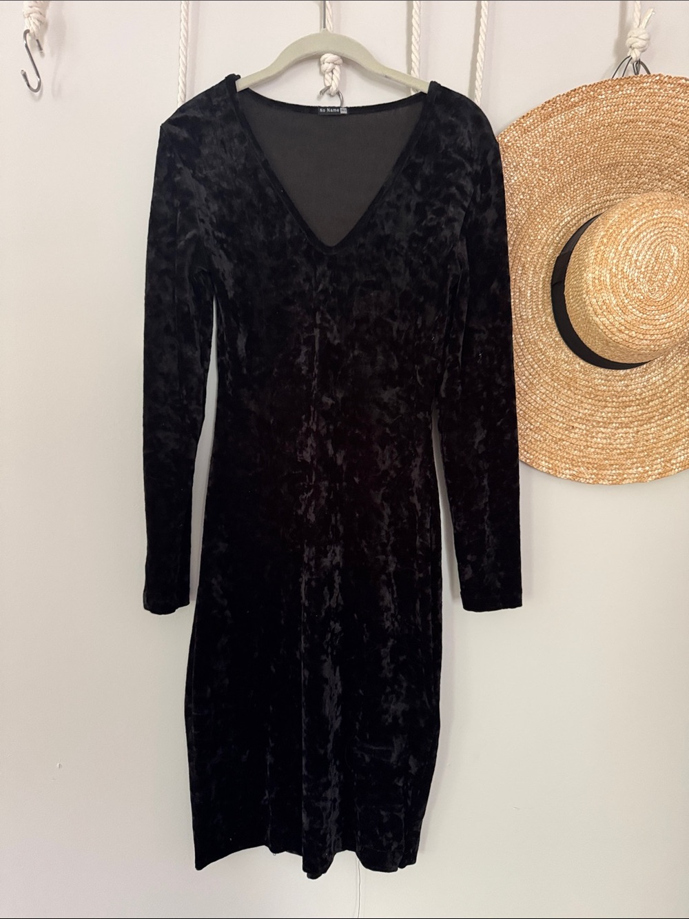 Black Velvet Long-Sleeve V-Neck Dress